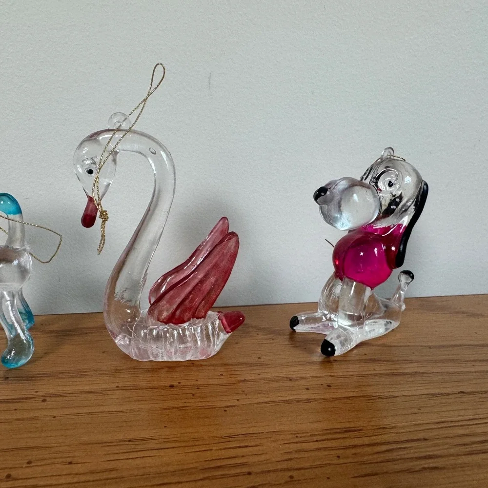 Vintage Spun Plastic Glass look Ornaments Lot of 5 Elephant Cat Swan Dog Mouse‎